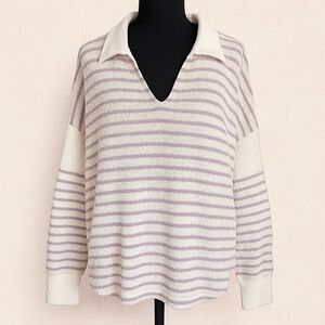 Bucket List Striped Collared Textured Knit Top Cream Taupe Size M NWT
